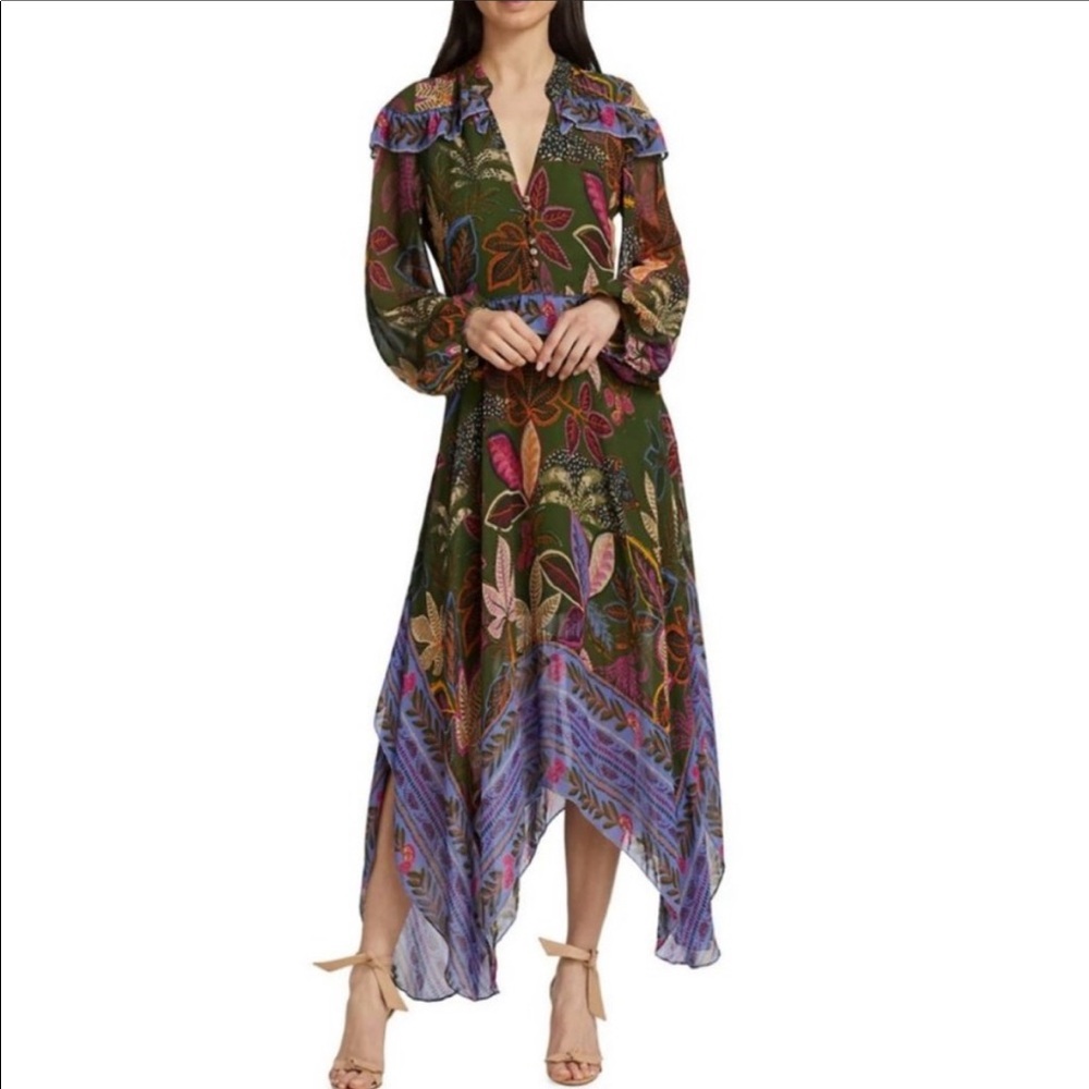 FARM Rio Olive Green Floral Midi Dress with Lavender Hem